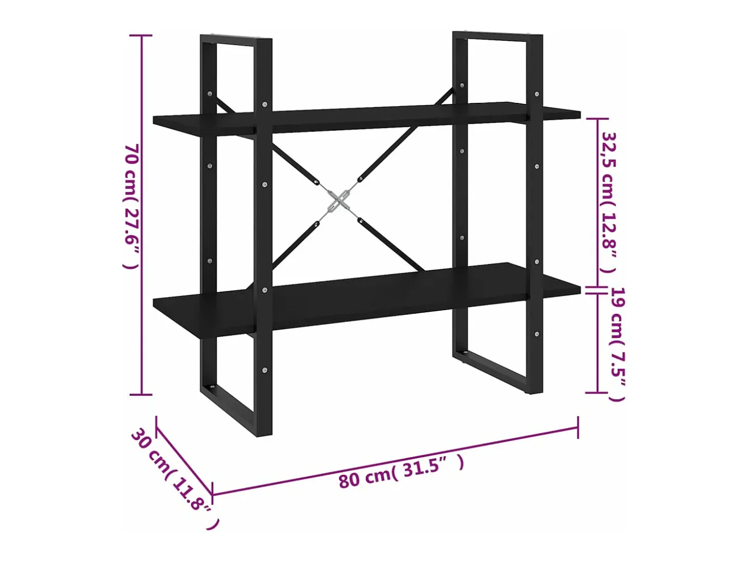 Estantería de 2 niveles madera contrachapada negro 80x30x70 cm