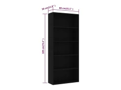 Estantería de 5 niveles madera contrachapada negra 80x30x189 cm