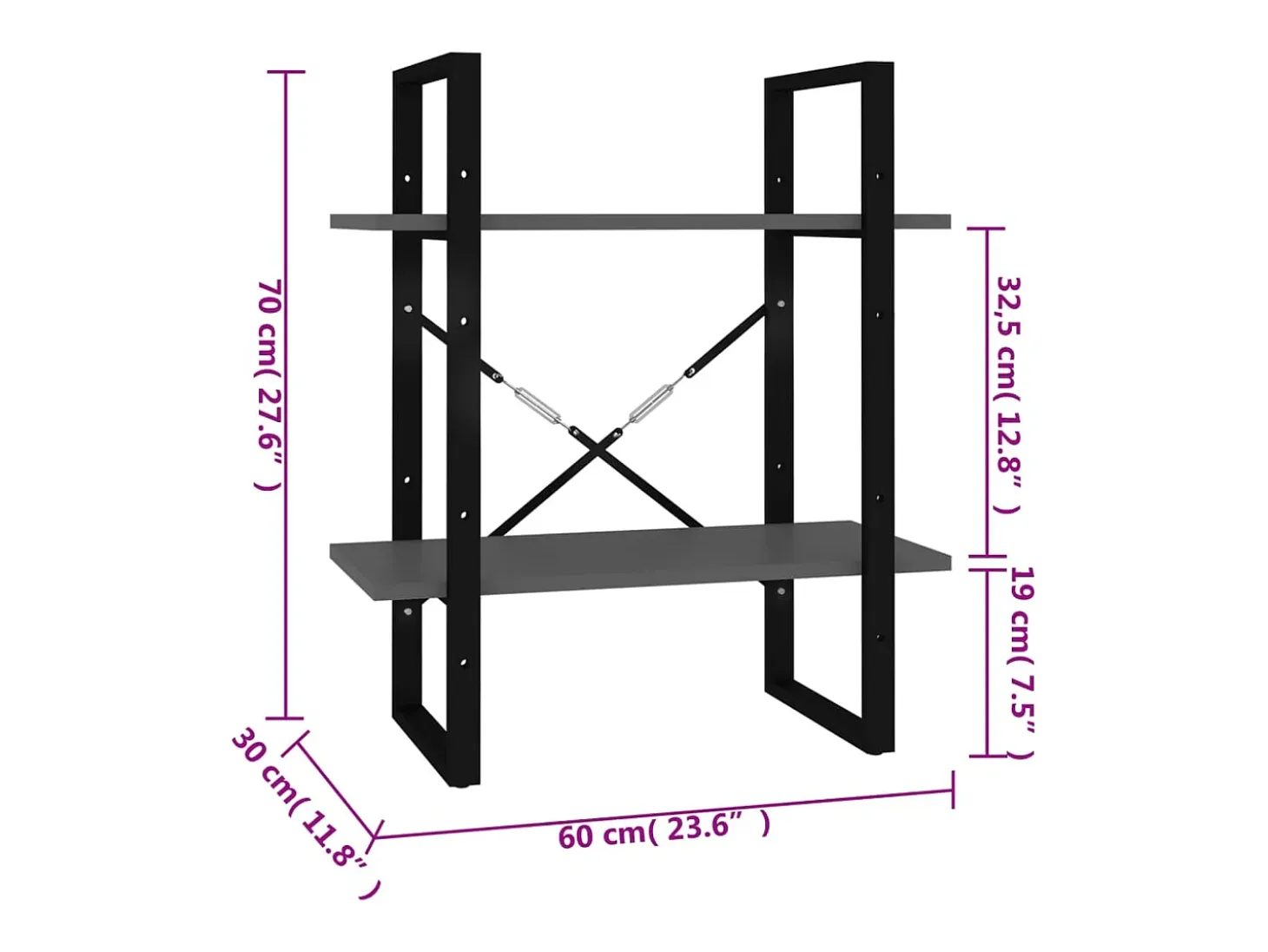 Estantería de 2 niveles madera contrachapada gris 60x30x70 cm