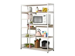 Estantería de Cocina, Estantería para Microondas, Estante Abierto de Pie 2 Mallas metálicas y múltiples Estantes 80x30x142cm, Color Blanco y Madera