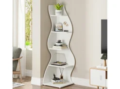 Estantería de esquina moderna de 5 niveles, estantería de esquina pequeña y elegante, unidad organizadora de soporte para plantas con forma única, color blanco