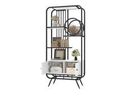 Estantería de metal y madera MDF - 3 estantes y 2 puertas - Blanco y negro
