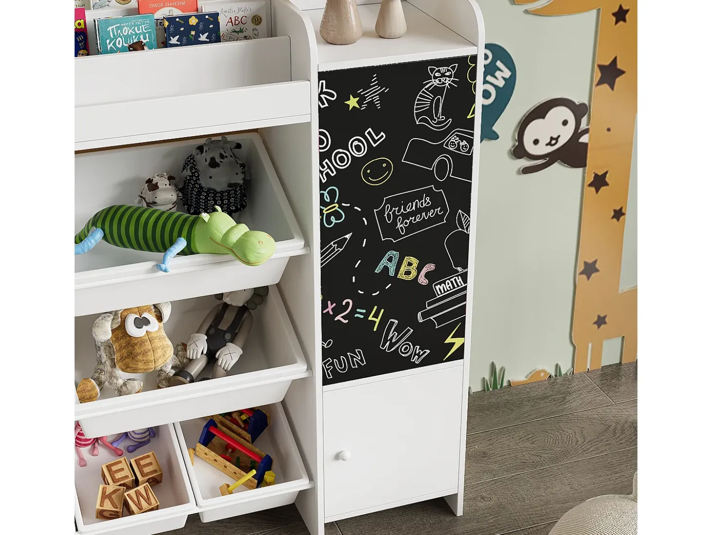 Estantería infantil con 8 compartimentos y tablero de dibujo, color blanco