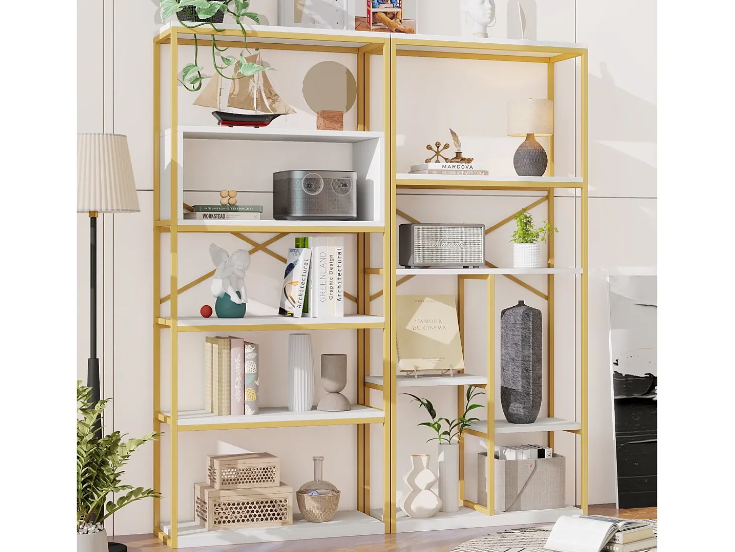 Estantería moderna 160x29,5x180 cm - Estantes a varios niveles - Estructura de tubos de acero y MDF - Forma rectangular - Dorado y blanco