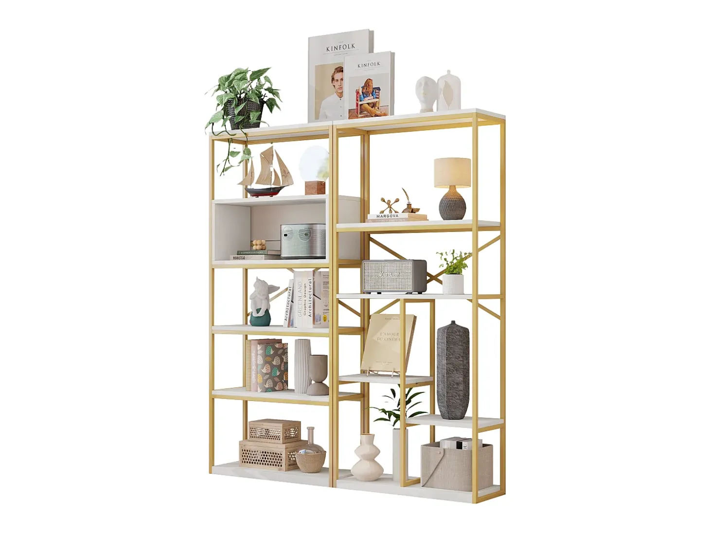 Estantería moderna 160x29,5x180 cm - Estantes a varios niveles - Estructura de tubos de acero y MDF - Forma rectangular - Dorado y blanco