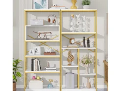 Estantería moderna 160x29,5x180 cm - Estantes a varios niveles - Estructura de tubos de acero y MDF - Forma rectangular - Dorado y blanco