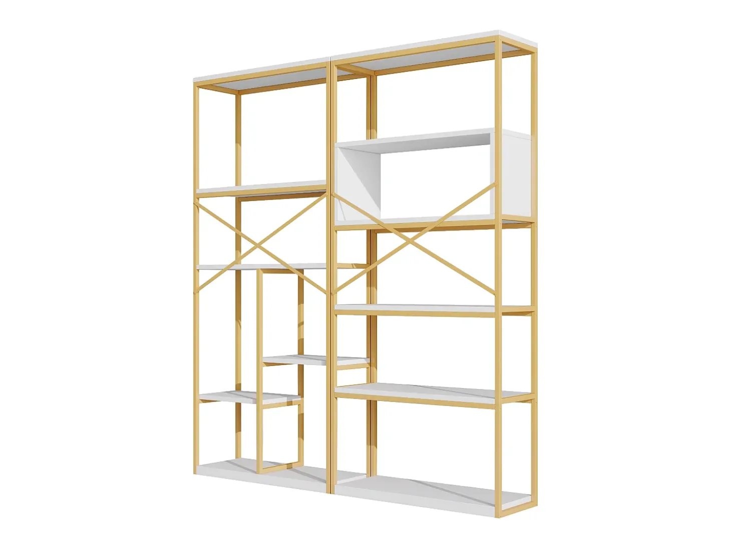 Estantería moderna 160x29,5x180 cm - Estantes a varios niveles - Estructura de tubos de acero y MDF - Forma rectangular - Dorado y blanco