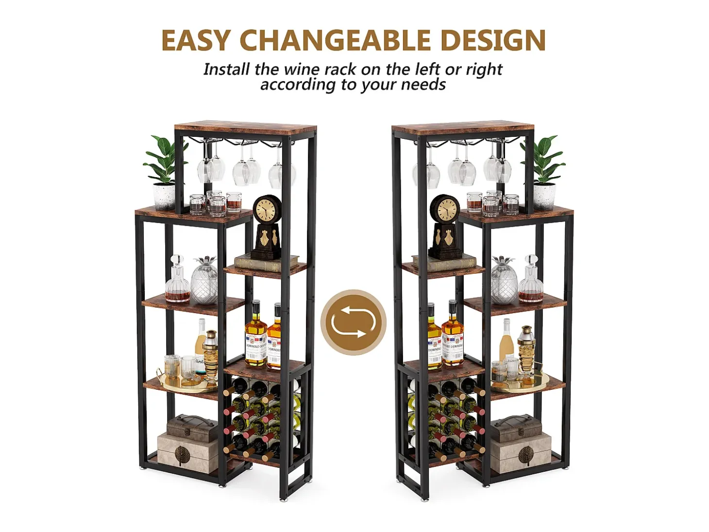 Estantería para vinos autónoma de 5 niveles con soporte de vidrio y espacio para almacenar vinos, estantería industrial para bar, cocina, comedor (marrón)
