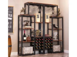 Estantería para vinos autónoma de 5 niveles con soporte de vidrio y espacio para almacenar vinos, estantería industrial para bar, cocina, comedor (marrón)