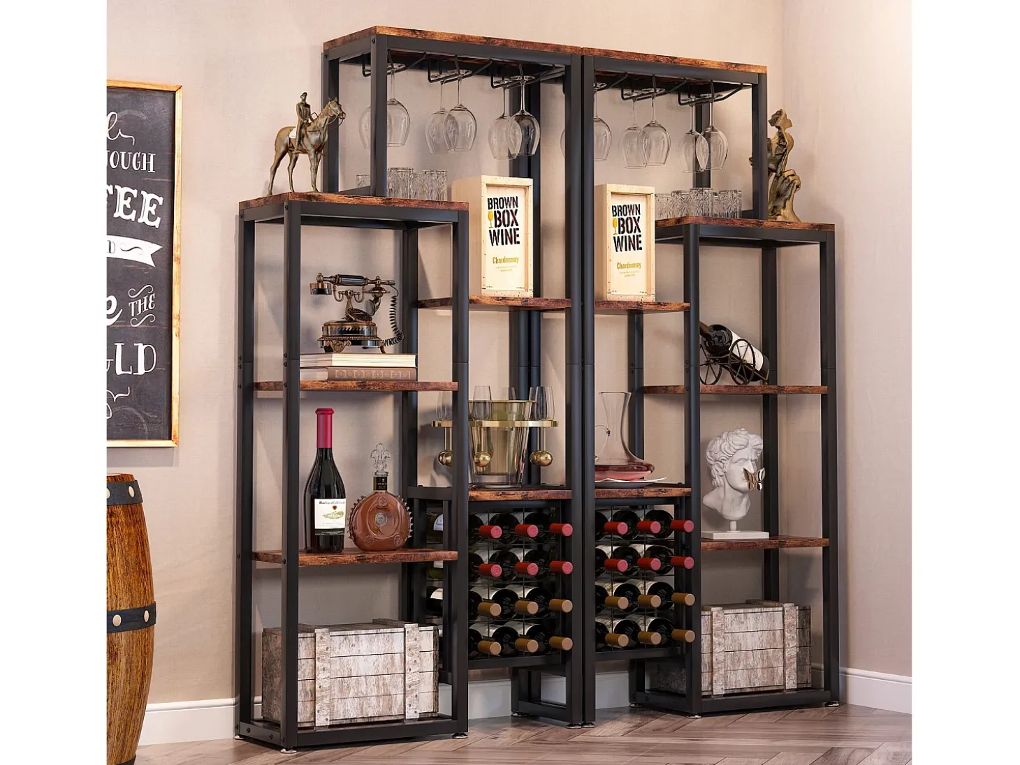 Estantería para vinos autónoma de 5 niveles con soporte de vidrio y espacio para almacenar vinos, estantería industrial para bar, cocina, comedor (marrón)
