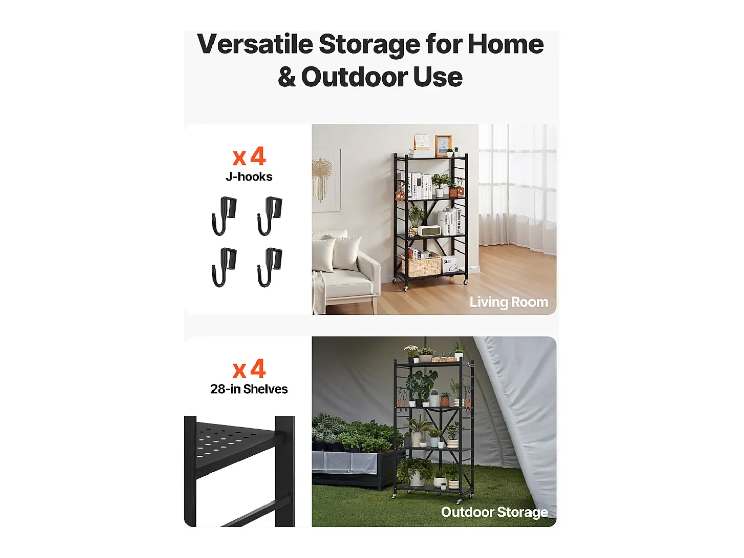Estantería SucceBuy Plegable Móvil, 4 Niveles, Estantería Plegable con Ruedas, 71x33x137 cm, Metal Robusto, Carga Estática 340 kg Dinámica 90,7 kg