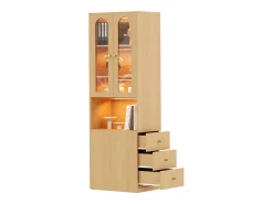 Estantería/Vitrina - 60×40×200 cm - 3 cajones laterales y 2 puertas de vidrio - LED - Lados izquierdo/derecho reversibles - Natural