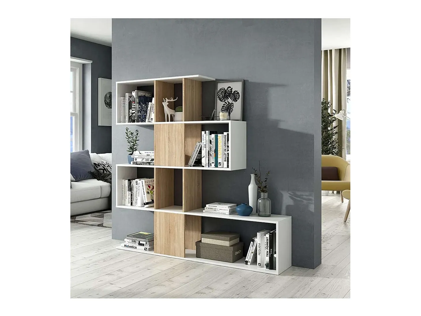 Estanteria Zig Zag en blanco artik y roble canadian 145 cm(alto)145 cm(ancho)29 cm(fondo)