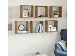 Estantes cúbicos de pared de 6 piezas, roble hecho a mano, madera de ingeniería