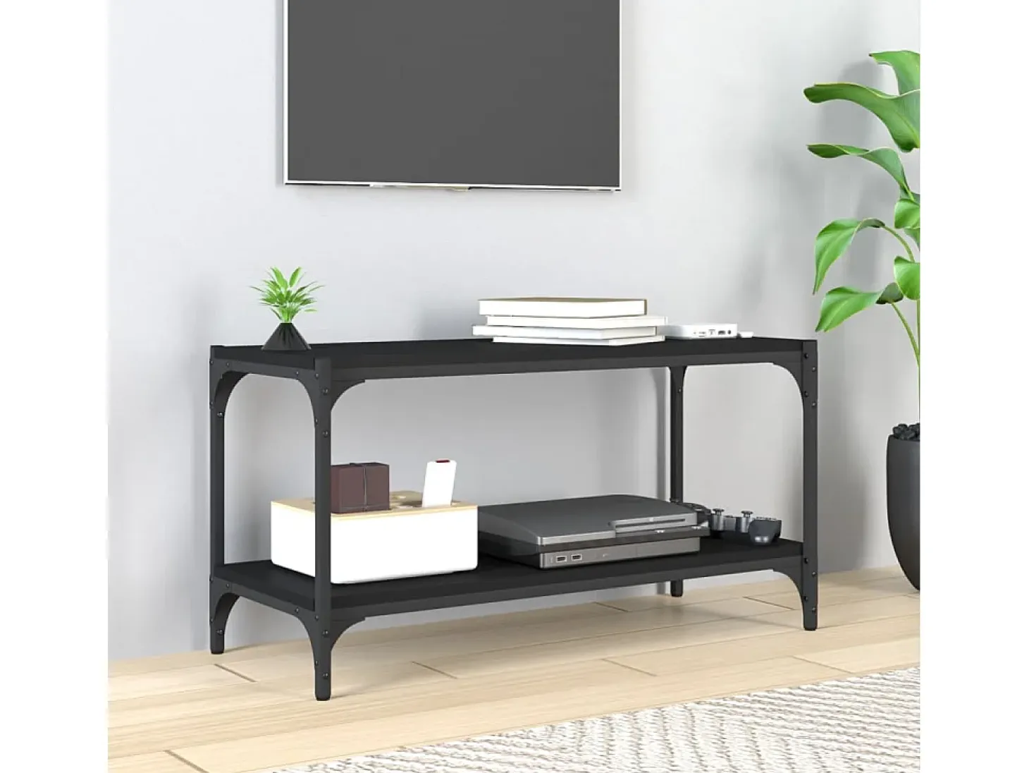 Foster City Mueble para TV madera contrachapada y acero negro 80x33x41 cm