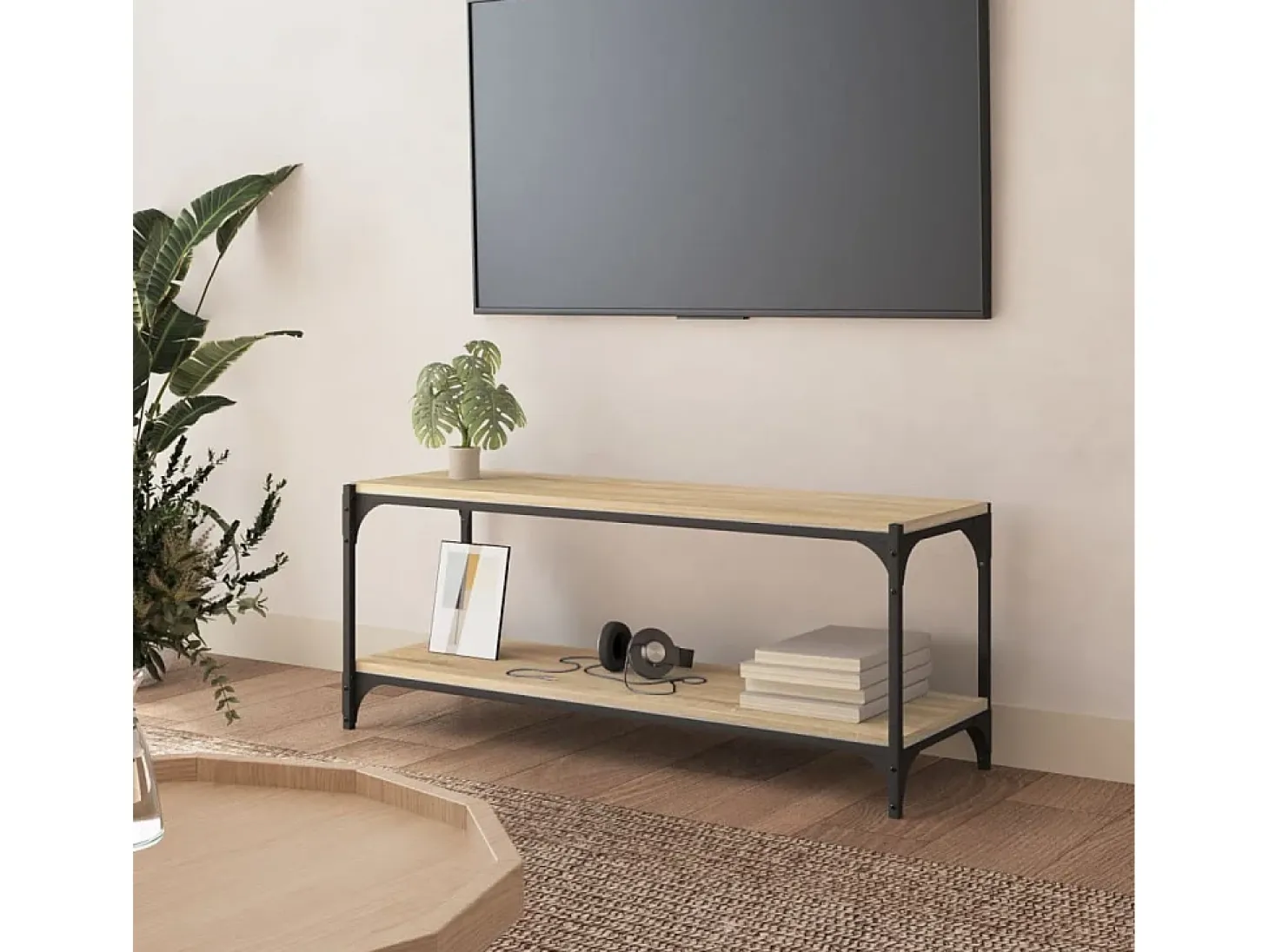 Foster City Mueble para TV contrachapada y acero roble Sonoma 100x33x41 cm