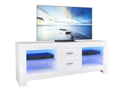 Gabinete de televisión blanco brillante con LED brillante, banco de televisión moderno, estante de vidrio, 2 cajones, muebles de sala de estar, 130x35x50cm