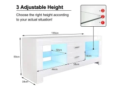 Gabinete de televisión blanco brillante con LED brillante, banco de televisión moderno, estante de vidrio, 2 cajones, muebles de sala de estar, 130x35x50cm