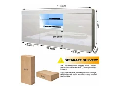 Gabinete de televisión blanco brillante con luz LED, 3 puertas, estante de vidrio, banco de televisión moderno, buffet de sala de estar, 135x35x70cm