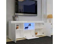Gabinete de televisión blanco brillante con luz LED, 3 puertas, estante de vidrio, banco de televisión moderno, buffet de sala de estar, 135x35x70cm
