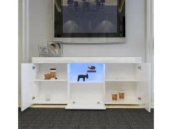 Gabinete de televisión blanco brillante con luz LED, 3 puertas, estante de vidrio, banco de televisión moderno, buffet de sala de estar, 135x35x70cm