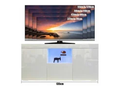 Gabinete de televisión blanco brillante con luz LED, 3 puertas, estante de vidrio, banco de televisión moderno, buffet de sala de estar, 135x35x70cm