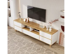 Gabinete de televisión de 5 puertas y 8 nicho, pies de madera sólida, 175x37x51cm, blanco y natural