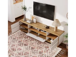 Gabinete de televisión de 5 puertas y 8 nicho, pies de madera sólida, 175x37x51cm, blanco y natural