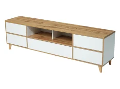 Gabinete de televisión de 5 puertas y 8 nicho, pies de madera sólida, 175x37x51cm, blanco y natural