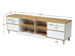 Gabinete de televisión de 5 puertas y 8 nicho, pies de madera sólida, 175x37x51cm, blanco y natural