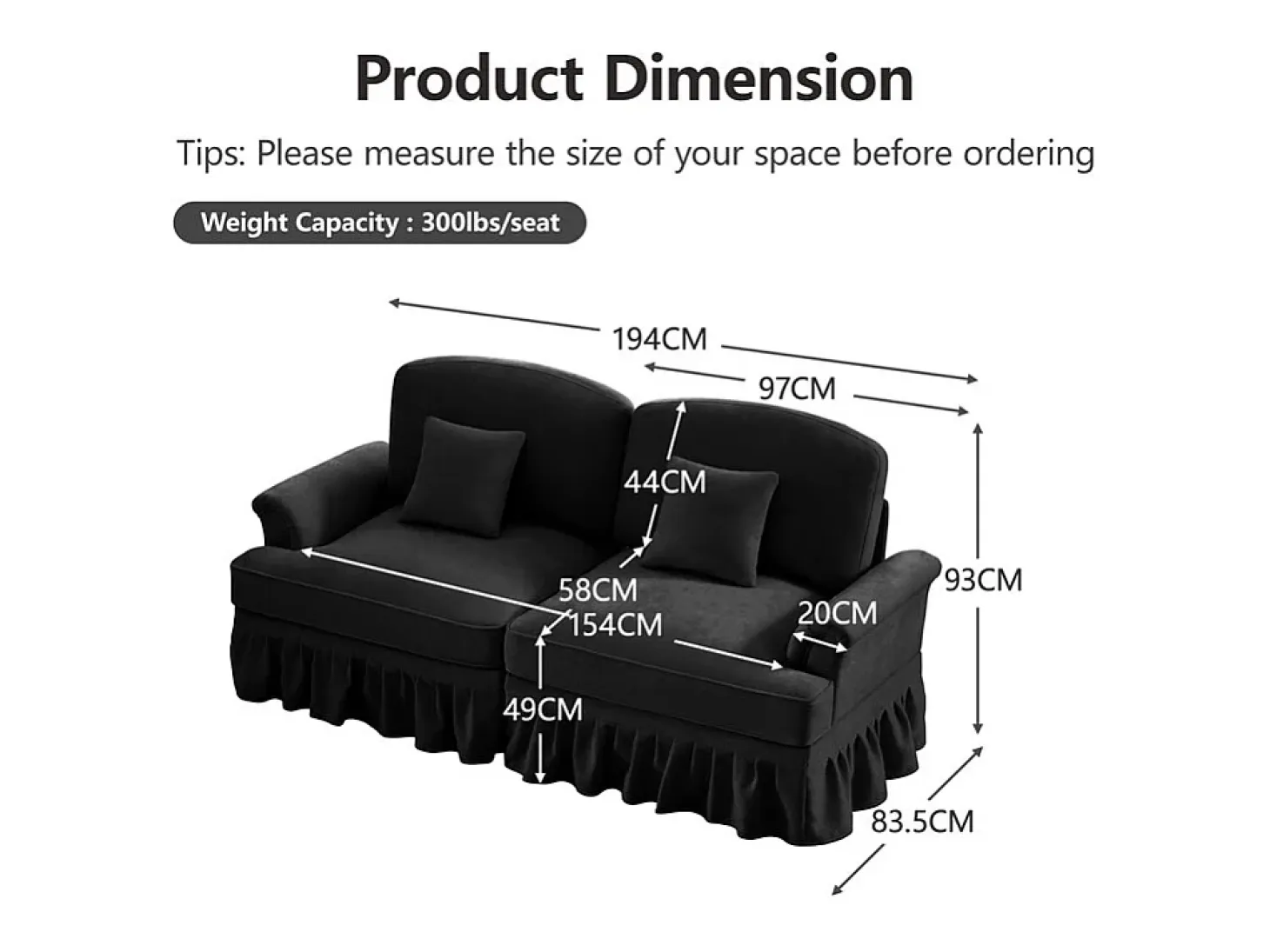 Gran Sofá 2 Plazas Chenille - Con Funda Extraíble y 2 Cojines - 194x83.5x93cm - Negro