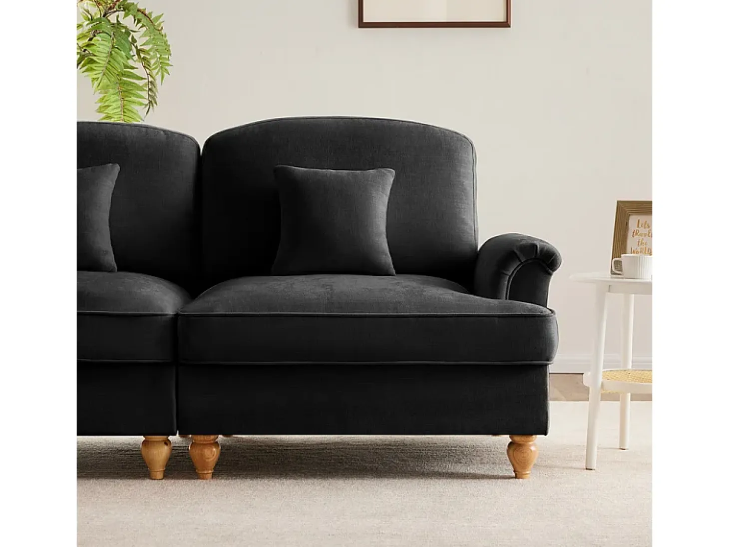 Gran Sofá 2 Plazas Chenille - Con Funda Extraíble y 2 Cojines - 194x83.5x93cm - Negro