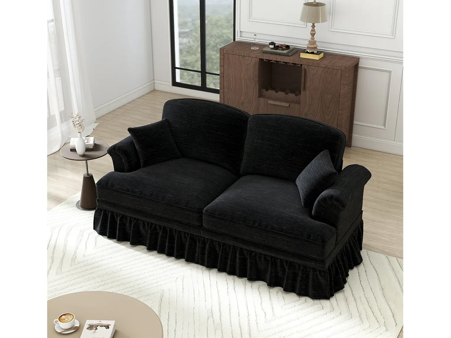Gran Sofá 2 Plazas Chenille - Con Funda Extraíble y 2 Cojines - 194x83.5x93cm - Negro