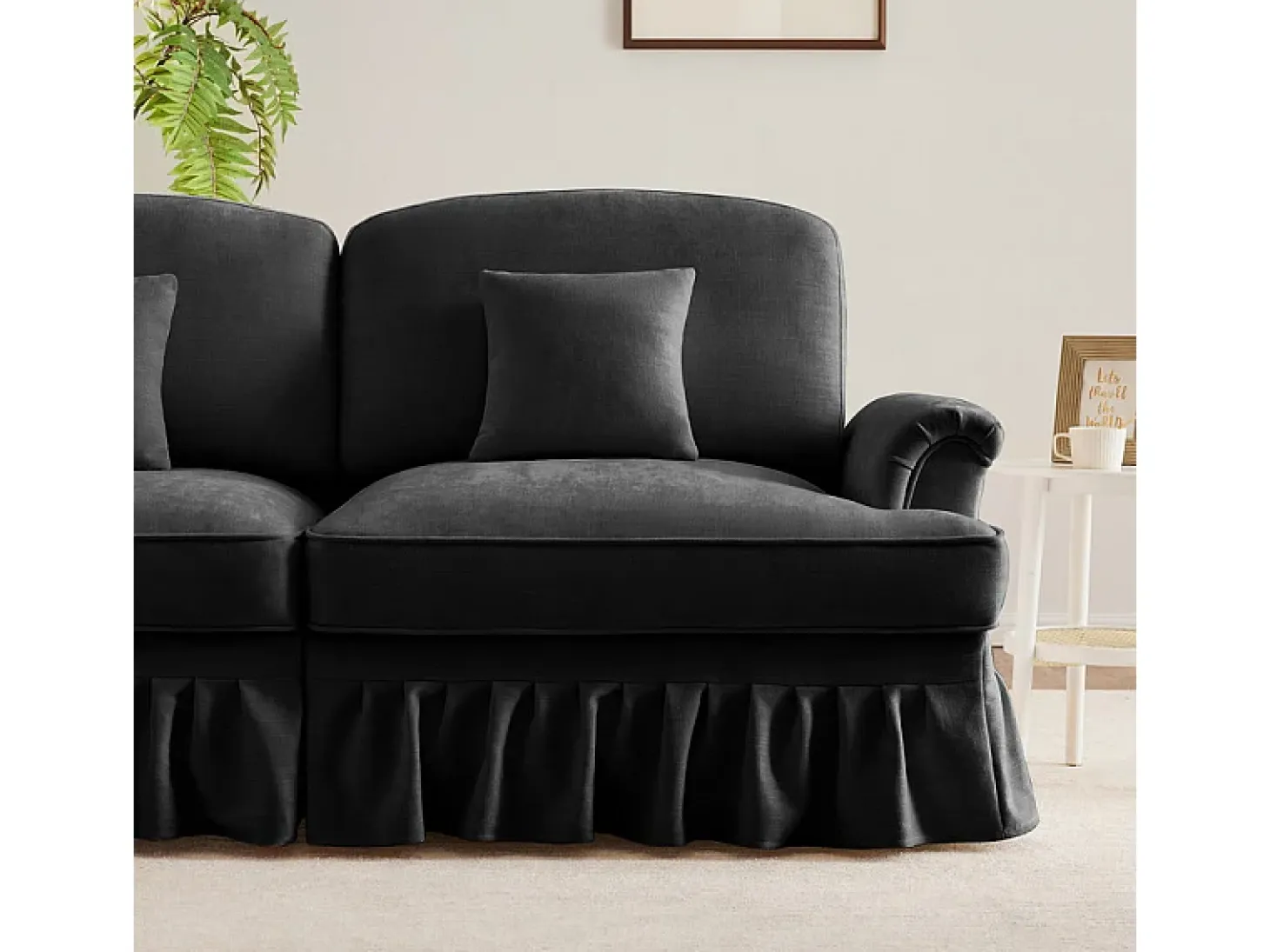 Gran Sofá 2 Plazas Chenille - Con Funda Extraíble y 2 Cojines - 194x83.5x93cm - Negro