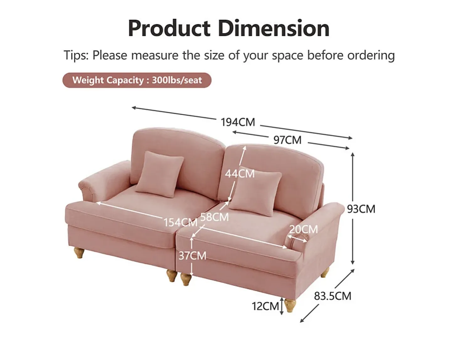Gran Sofá 2 Plazas Chenille - Con Funda Extraíble y 2 Cojines - 194x83.5x93cm - Rosa