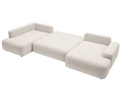 Gran sofá cama rinconera izquierda panorámico en tela texturizada crema DAVISO