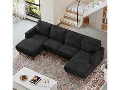 Gran sofá de esquina panorámico - 4 plazas - chaise longue 109cm - de pana - 269x140x86 - Negro