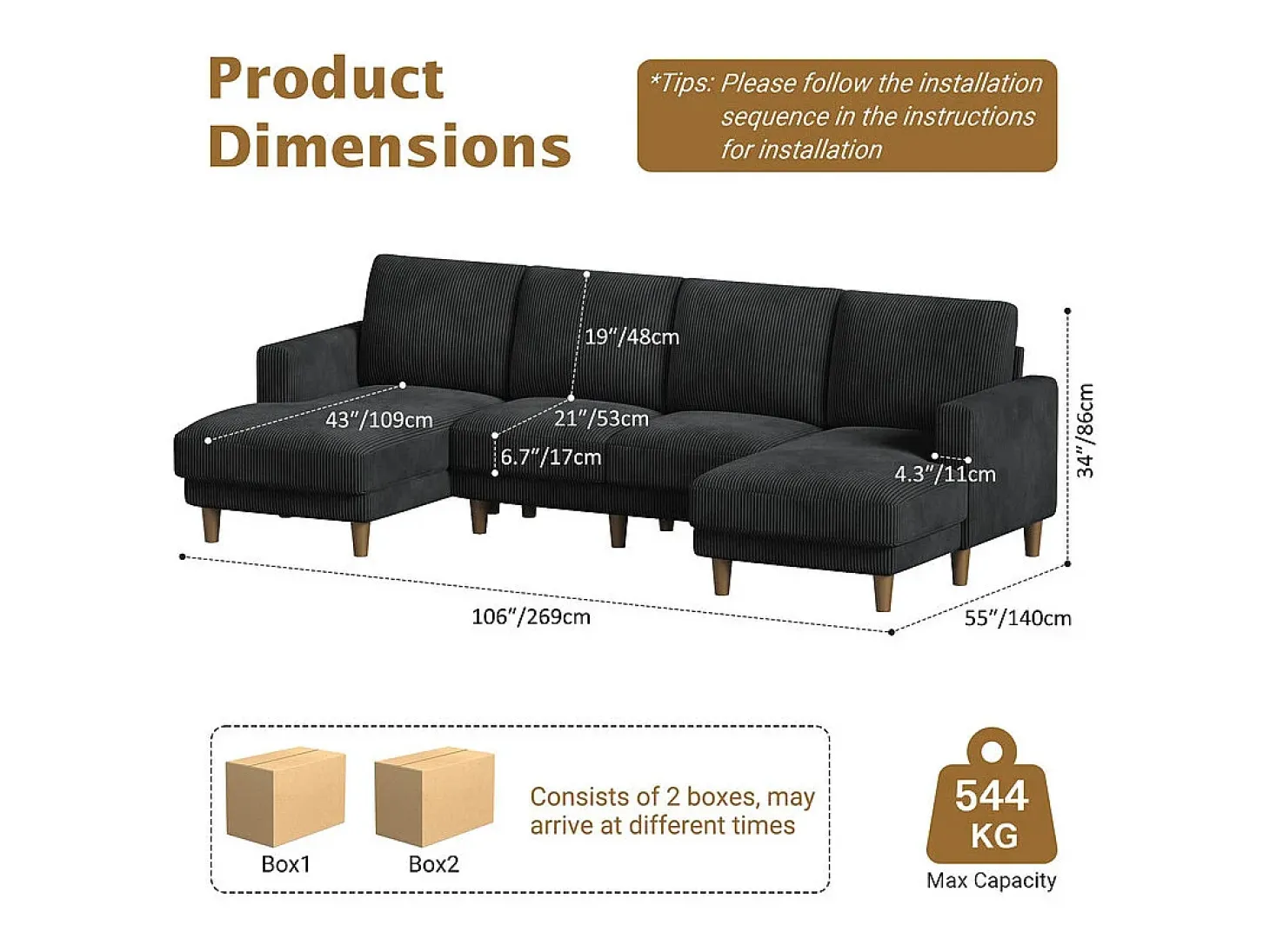 Gran sofá de esquina panorámico - 4 plazas - chaise longue 109cm - de pana - 269x140x86 - Negro