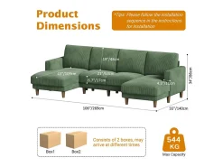 Gran sofá de esquina panorámico - 4 plazas - chaise longue 109cm - de pana - 269x140x86 - Verde