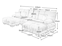Gran sofá esquina modular - 3 plazas - con 2 pouf y 5 cojines - tejido felpa rosa - 313x145x81cm
