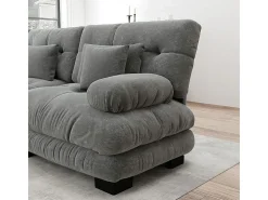Gran sofá esquina modular - 3 plazas - con 2 pouf y 5 cojines - tejido felpa gris - 313x145x81cm