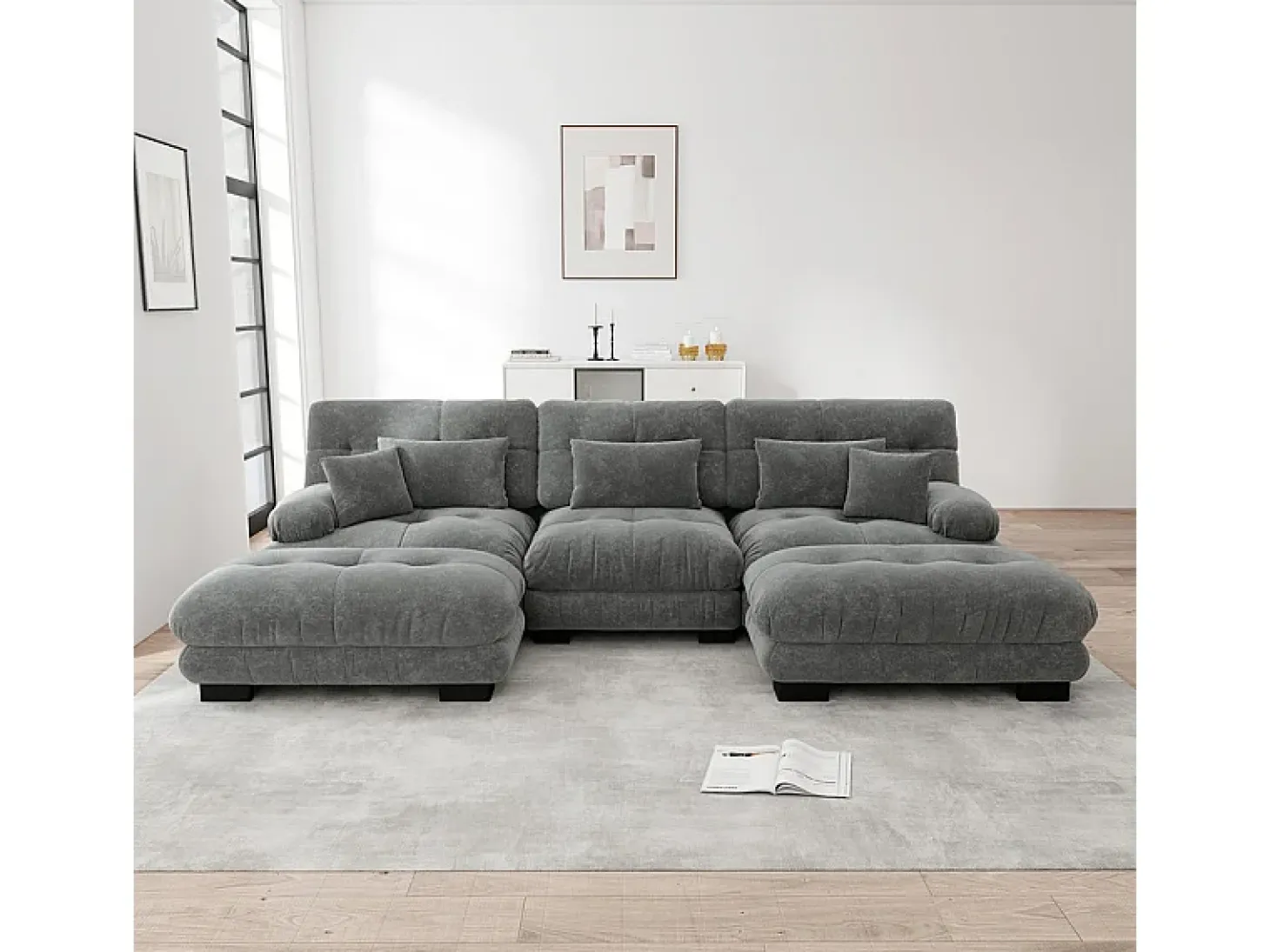 Gran sofá esquina modular - 3 plazas - con 2 pouf y 5 cojines - tejido felpa gris - 313x145x81cm