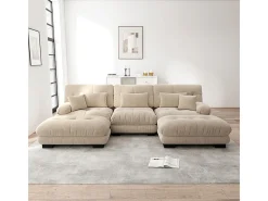 Gran sofá esquina modular - 3 plazas - con 2 pouf y 5 cojines - tejido felpa beige - 313x145x81cm