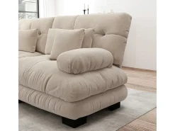 Gran sofá esquina modular - 3 plazas - con 2 pouf y 5 cojines - tejido felpa beige - 313x145x81cm