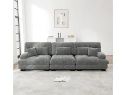 Gran sofá gris - 3 plazas - con 5 cojines - estructura madera maciza - Felpa - 313x77x81cm