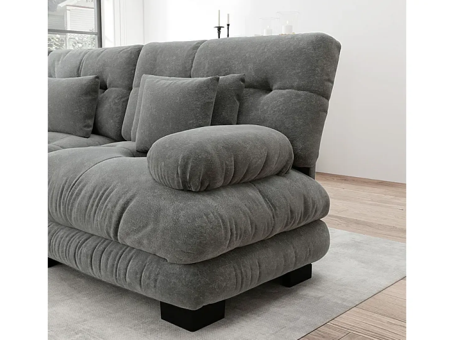 Gran sofá gris - 3 plazas - con 5 cojines - estructura madera maciza - Felpa - 313x77x81cm