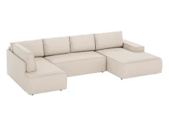 Gran sofá rinconera derecha panorámico en tela texturizada beige AMELIA