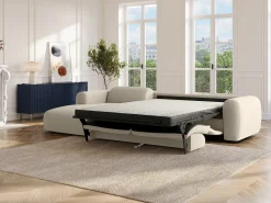 Gran sofá rinconera izquierda convertible exprés 140 cm en tela jaspeada beige POGNI
