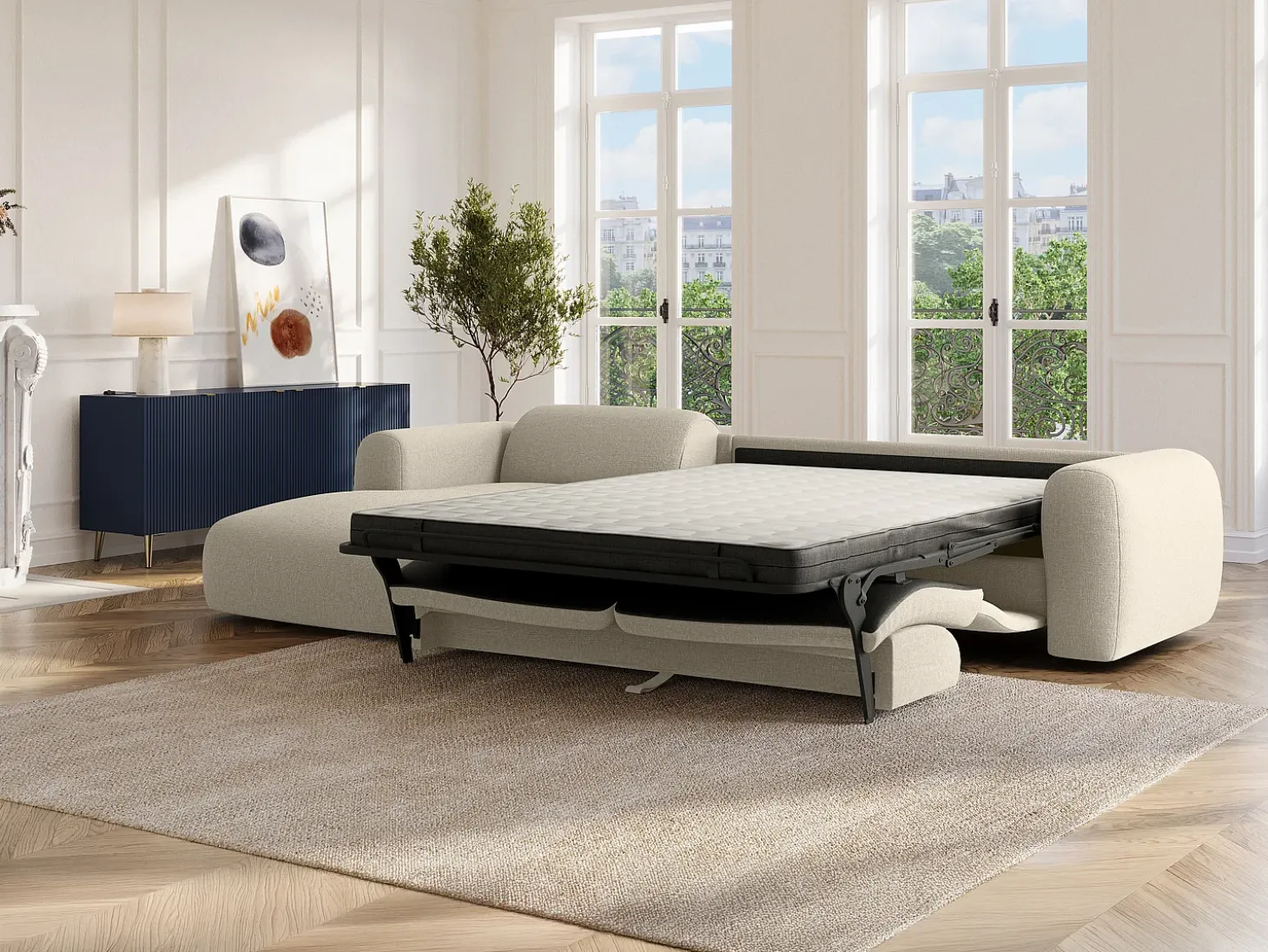 Gran sofá rinconera izquierda convertible exprés 140 cm en tela jaspeada beige POGNI