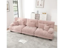 Gran sofá rosa - 3 plazas - con 5 cojines - estructura madera maciza - Felpa - 313x77x81cm